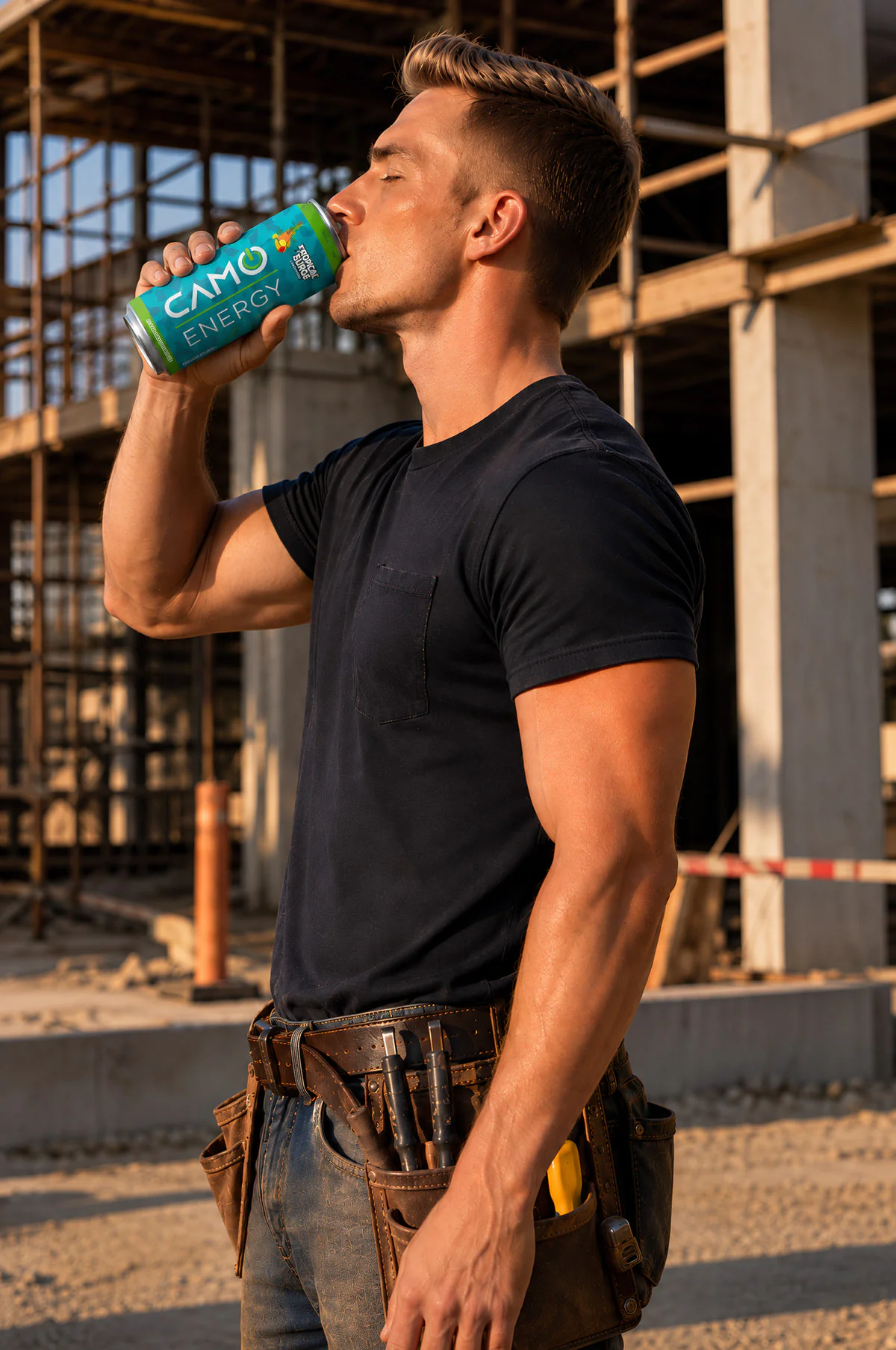 A construction worker on a building site at sunset drinking a can of CAMO EDGE Tropical Surge.