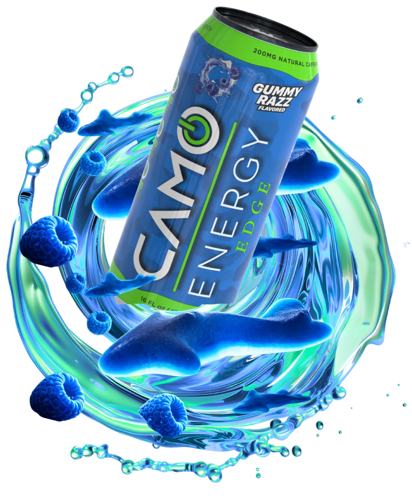 CAMO Edge Gummy Razz can with blue raspberry flavor splash