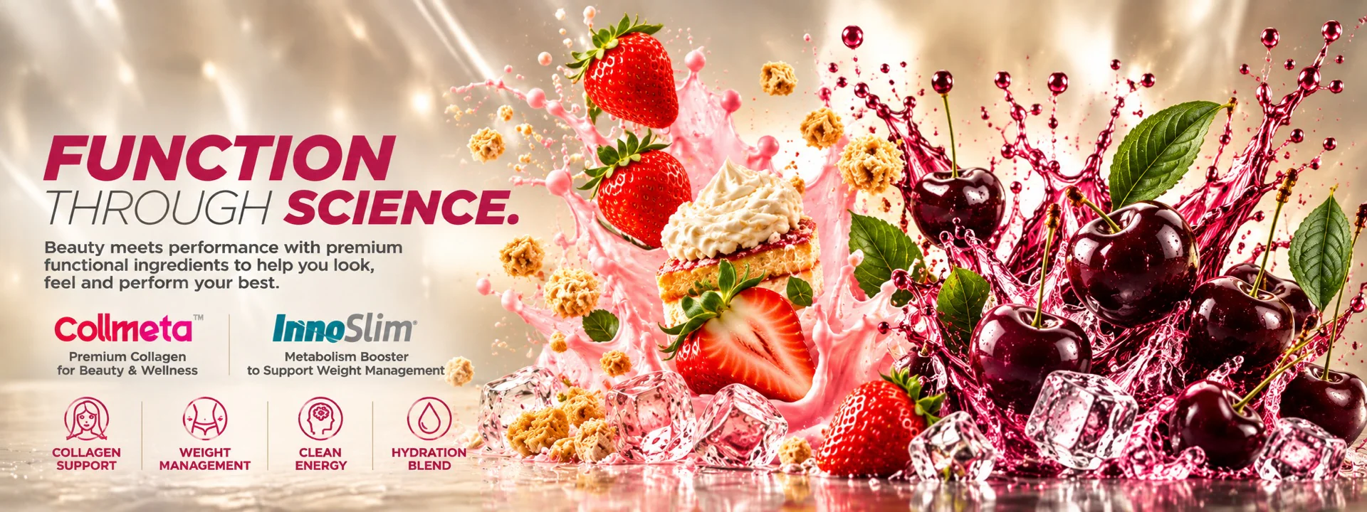 CAMO Energy Glow: Function Through Science. Beauty meets performance with Collameta collagen and InnoSlim metabolism support, shown with Strawberry Shortcake and Black Cherry splashes.