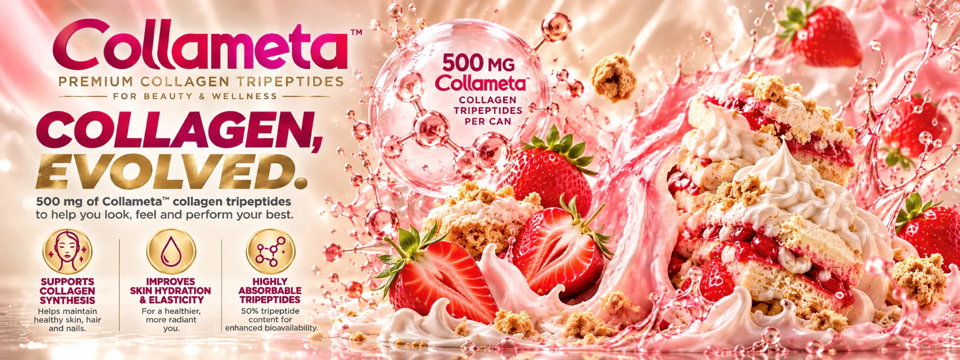 CAMO Glow Strawberry Shortcake: 500 mg Collameta collagen tripeptides per can, with strawberries and shortcake.