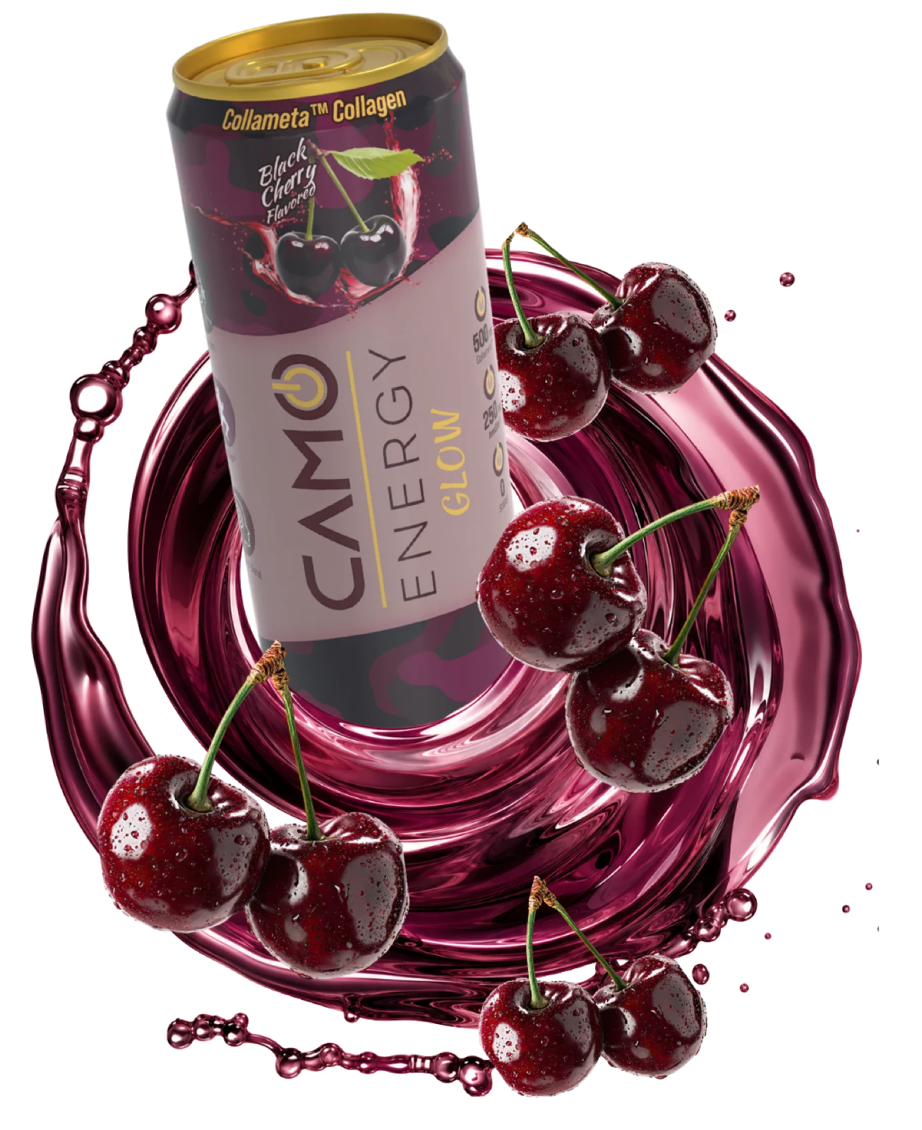 CAMO Glow Black Cherry can with black cherries and a cherry swirl