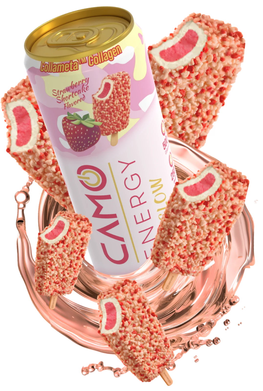 CAMO Glow Strawberry Shortcake can with strawberry shortcake bars